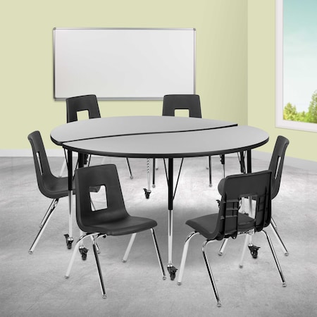 Flash Furniture Mobile 60" Circle Wave Grey Table Set-18" Chairs XU-GRP-18CH-A60-HCIRC-GY-T-A-CAS-GG